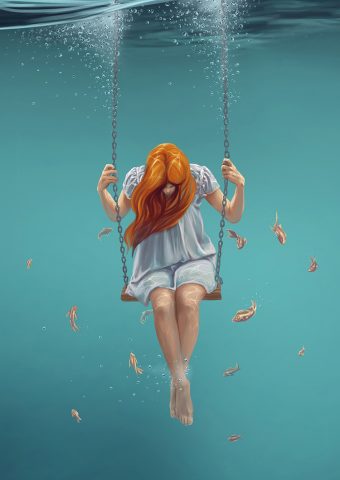 スイングの少女水中ファンタジーイラストiPhone6の壁紙
