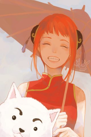 アニメの女の子と傘と猫iPhone壁紙