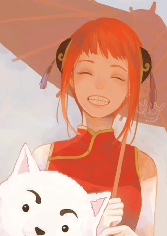 アニメの女の子と傘と猫iPhone壁紙