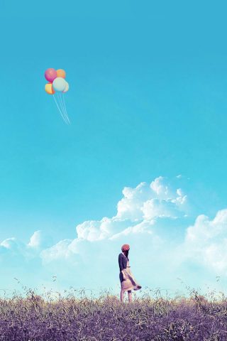 女の子フィールド飛行風船iPhone 8 Plus/Android壁紙